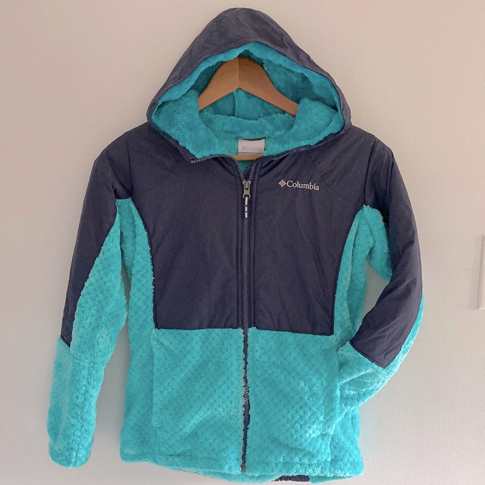 Columbia Girls Sherpa Full Zip Hoodie Jacket Overlay Sz. L (14/16)